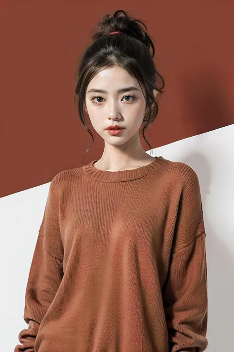 1girl, sweater, red background