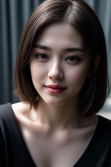 a close up of a woman with a black shirt and a black shirt