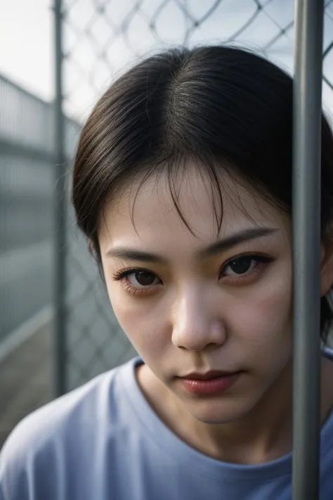 Portrait of Lei Yeung prisoner turning back in front of metal grid fence, a lot of copyspace, perfecteyes eyes, <lora:lora_perfecteyes_v1_from_v1_160:1>