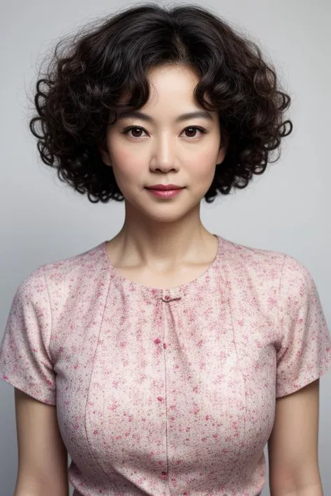 a woman with a short hair and a pink dress