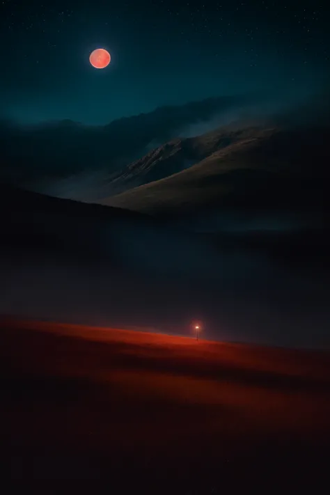 a red moon is shining over a mountain range with a red light