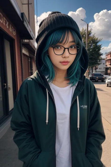 Akanekurokawa, 
Akane Kurokawa, bangs, (grüne Augen:1.3), Blaue Haare, Mittellanges Haar, dunkel Blaue Haare,
brechen long sleeves, hat, Jacke, Gläser, Haube, black Jacke, schwarze Kopfbedeckung, Haubeie, Haube down, Brille mit rotem Rahmen, beanie,
brechen outdoors, Stadt, sun, Himmel, Wolken,
brechen looking at viewer, (Cowboy-Schuss:1.5),
brechen , (Meisterwerk:1.2), beste Qualität, Hohe Auflösung, Einheit 8k Hintergrundbild, (Illustration:0.8), (Schöne, detaillierte Augen:1.6), extrem detailliertes Gesicht, Perfekte Beleuchtung, extrem detaillierte CG, (perfekte Hände, Perfekte Anatomie),
dunkel
