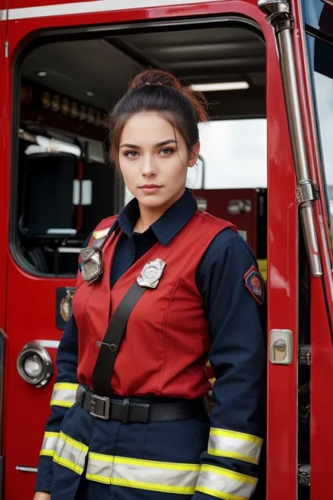 "A woman in a firefighter uniform in front of a fire truck, her pose heroic and determined. Her makeup is minimal and practical,...