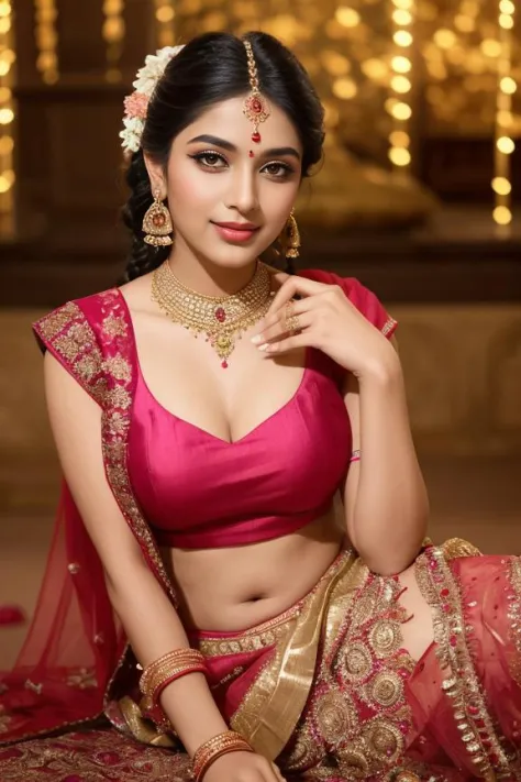 "A woman in a traditional Indian lehenga at a Diwali festival, her pose elegant and celebratory. Her makeup is vibrant, with koh...