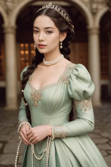 "Eine Frau in einem königlichen Renaissance-Kleid in einem historischen Schlosshof, ihre Pose würdevoll und elegant. Ihr Make-up ist zeitgenössisch, und ihr Haar ist kunstvoll geflochten und mit Perlen verziert."