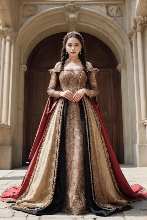 "A woman in a regal Renaissance gown in a historic castle courtyard, her pose dignified and poised. Her makeup is period-accurat...