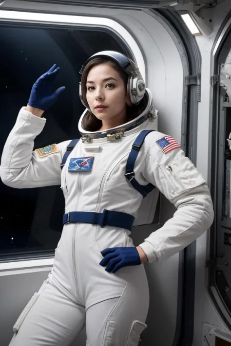 "A woman in a full astronaut suit in a space station module, her pose weightless and awe-inspired. Her makeup is non-existent, a...