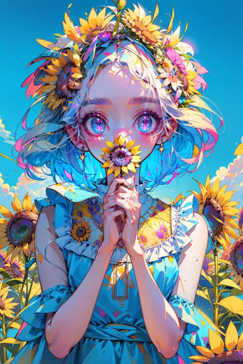 ((best quality, masterpiece, absurdres, super-resolution)), Sunflower, cute sundress, sleeveless, nature, hands out, CMYK, Cyan,...