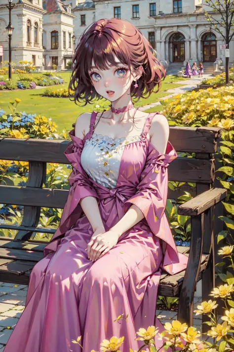 anime girl sitting on a bench in a park with flowers