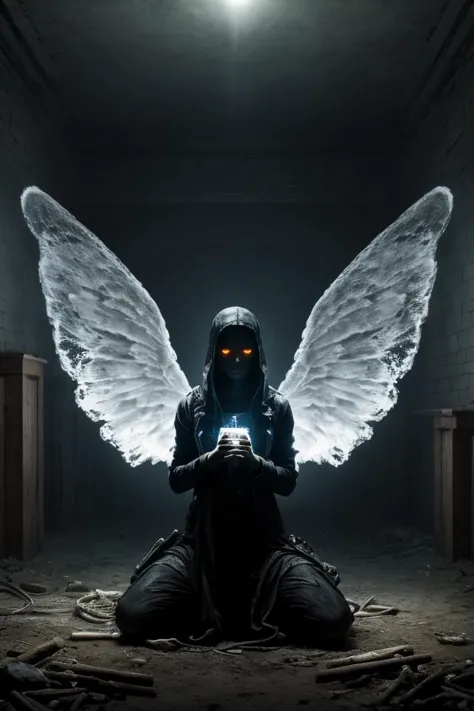 Dystopian style translucent ectoplasm angel with blue glowing ectoplasm wings kneeling in dungeon amongst treasure, glowing eyes...