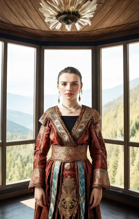 Close up portrait of 27 yo Albanian Royal woman in ceremonial Slavic dress, standing inside glass living room of modern esoteric...