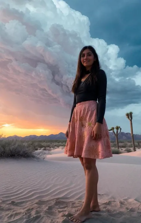 27 yo very tall Mexican woman standing in white sands NM at dusk, flowering Yuccas, Joshua trees, burning phoenix bird in the sa...
