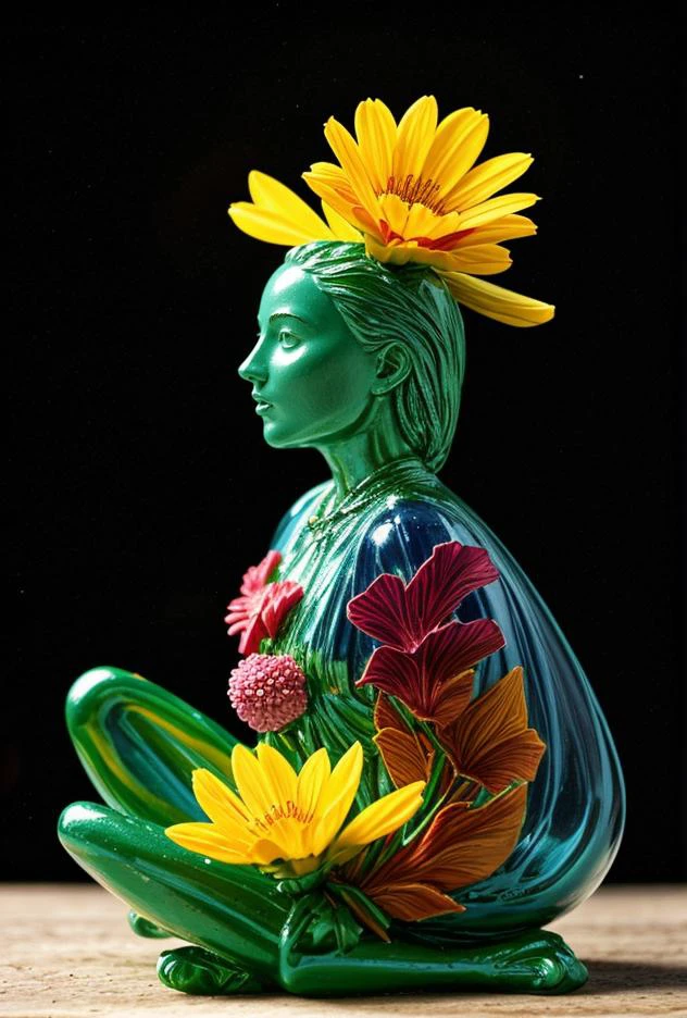 (close up of a grave statue figurine on a table, inspired by Quirizio di Giovanni da Murano, cloisonnism, realistic glass sculpture, 84mm), closeup photo, h 7 0 4, version 3, 1/320, glass flowers, high quality product image , coral reef, flora and fauna, cosmic nebula, dark background christian dior style, with frozen flowers around her, stunning-design, beutifull, side profile artwork, glass figurines, multicoloured, displayed, backlight
 epiC35mm
bright color