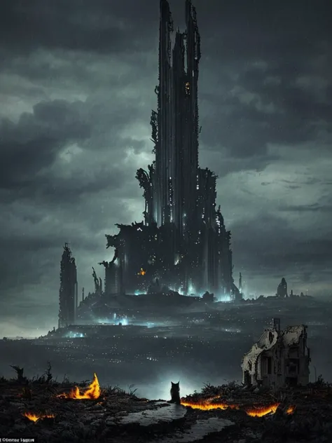 a dark city with a tower and a fire in the middle