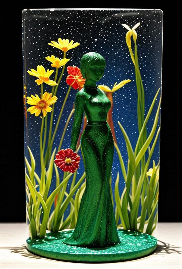 (close up of a grave statue figurine on a table, inspired by Quirizio di Giovanni da Murano, cloisonnism, realistic glass sculpture, 84mm), closeup photo, h 7 0 4, version 3, 1/320, glass flowers, high quality product image , coral reef, flora and fauna, cosmic nebula, dark background christian dior style, with frozen flowers around her, stunning-design, beutifull, side profile artwork, glass figurines, multicoloured, displayed, backlight
 epiC35mm
bright color