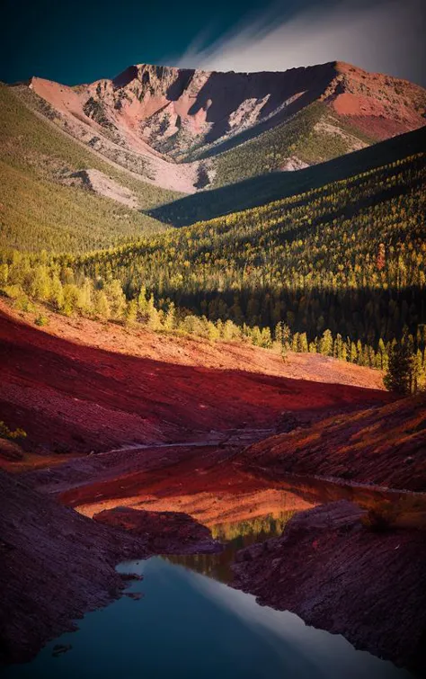 ground level photo within New Mexico Rocky Mountain Range, State Park, [perfect PM lighting conditions, with lots of reds orange...