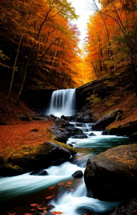 a waterfall in the woods with fall leaves on the ground