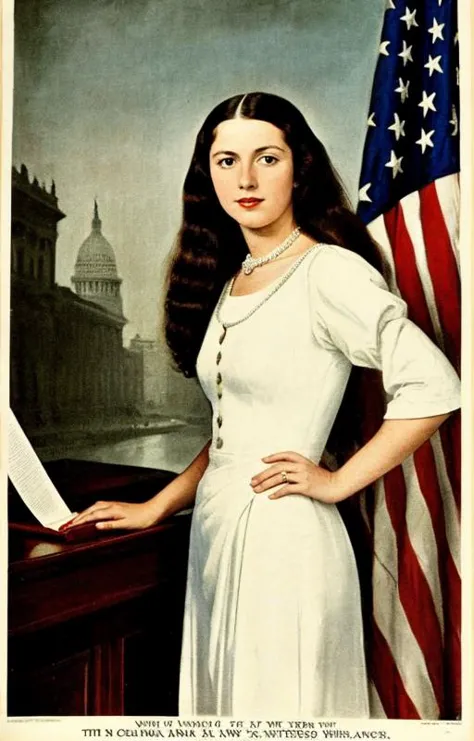 Heroic and  noble 27 yo woman (long flowing hair) wearing (Roman style dress) BREAK (paparazzi] color photo of a [Congresswoman], [standing in Congress], [patriotic setting], [pose of ruler], [elite], [rostrum dias], BREAK [patriotic lighting], [low camera angle], [official camera of National Archives], in the style of [war poster