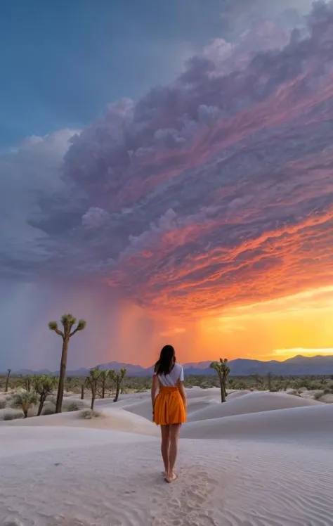 27 yo very tall Mexican woman standing in white sands NM at dusk, flowering Yuccas, Joshua trees, burning phoenix bird in the sa...