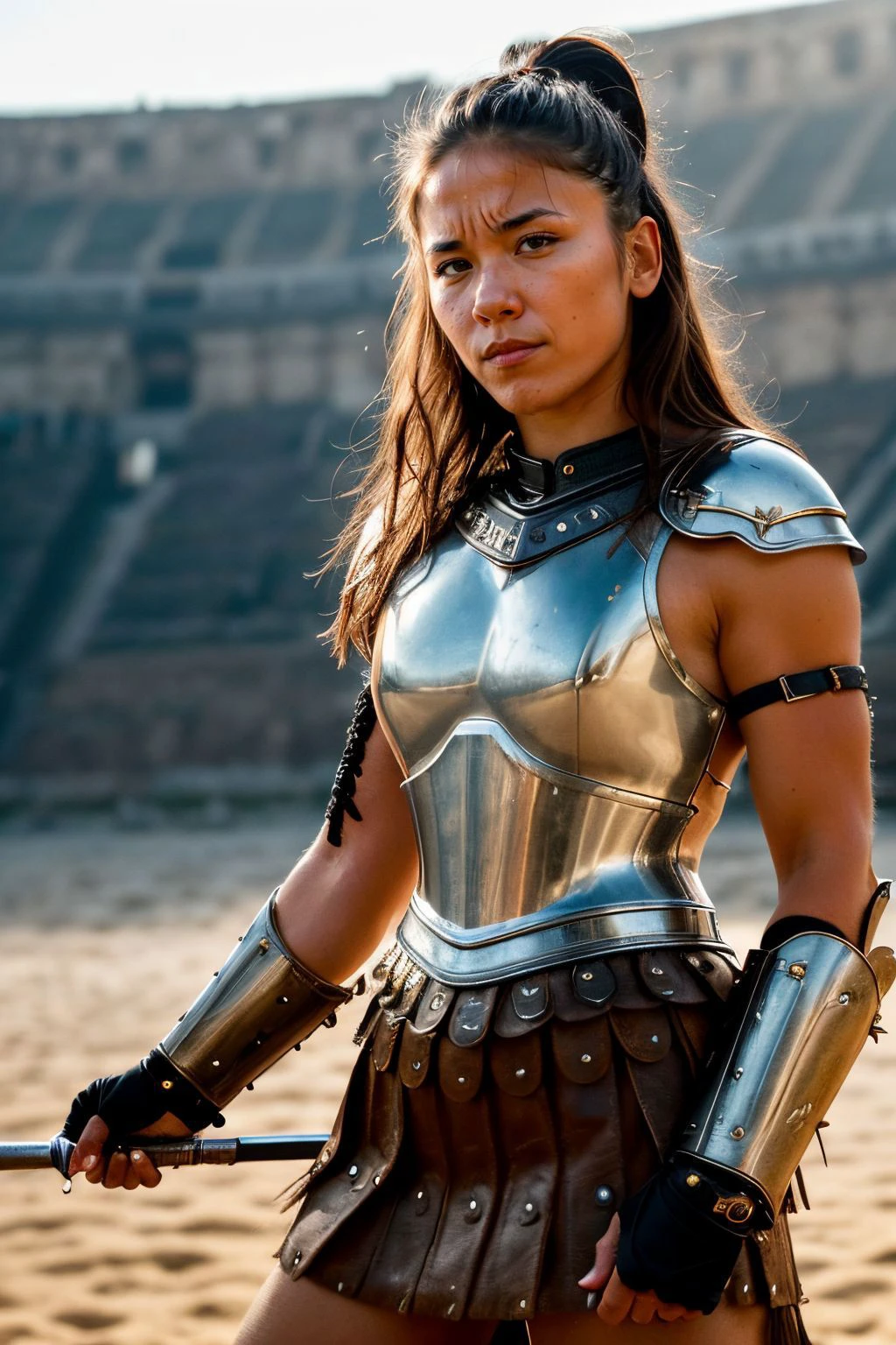 cinematic medium closeup portrait of Denisa_Tran, a female gladiator,  battle cry, angry expression, wearing armour made of leather and metal, (metal Muscle cuirass:1.2), gladiator studded tassel skirt, in a gladiator arena in the background, (ancient rome), arena stands are full of cheering fans, (action shot, action pose:1.2), (ready for battle), directed by ridley scott, natural light, (atmospheric:1.2), backlit, moody, dust, dirt, 35mm photograph, film, bokeh, professional, 4k, highly detailed, shallow depth of field, vignette, highly detailed, high budget Hollywood movie, bokeh, cinemascope, moody, epic, gorgeous, film grain, grainy