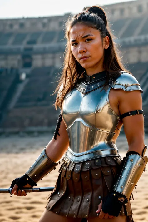 cinematic medium closeup portrait of Denisa_Tran, a female gladiator,  battle cry, angry expression, wearing armour made of leat...