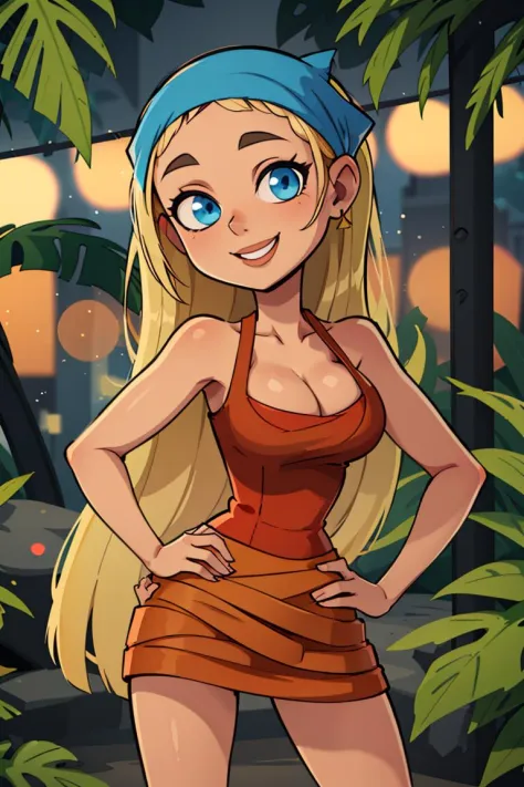centered, professional photo, (looking at viewer:1.2), smiling, |  Lindsay_Total_Drama, 1girl, solo, blue eyes, long hair, blonde hair, cleavage, bandana, skirt, | jungle,| bokeh, depth of field, hand on hip, contrapposto, cinematic composition, | <lora:Li...