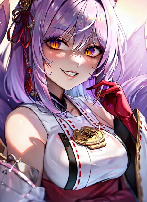 ((best quality)), ((highly detailed)), masterpiece, absurdres, extremely detailed face, beautiful face, (detailed eyes, deep eyes), (1girl), close-up, upper body, <lora:EvilT:.9>, EvilT, grin, evil eyes, kitsune, ((multiple tails)), fox tails, medium breasts, fox ears, amber eyes, <lora:slit-pupils:1>, snake eyes, (Lavender blush) hair, smiling, <lora:MikoFashionV2:.9>, miko, long sleeves, (outdoors, on an island, afternoon)