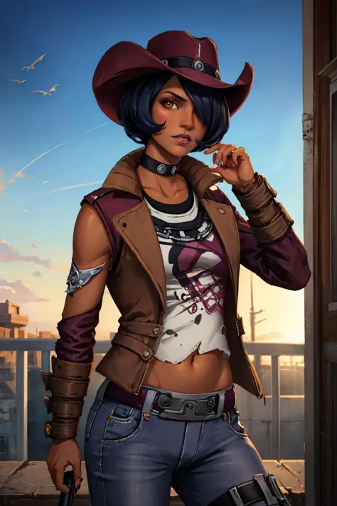 masterpiece, best quality, 1girl, solo, looking at viewer,  <lora:nishabl2-guy-v3:1>, nishabl2, cowboy hat, lipstick, hair over one eye, choker, makeup, dark skin, jacket, pants, midriff, belt, standing,