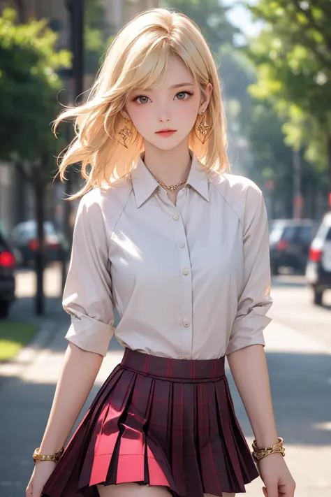 <lora:Again_Girl_A16:0.8>, 1girl, breasts, skirt, blurry, earrings, jewelry, blurry background, looking at viewer, shirt, solo, long hair, blonde hair, open clothes, pleated skirt, outdoors, cowboy shot,