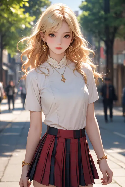 a close up of a woman in a skirt and a shirt