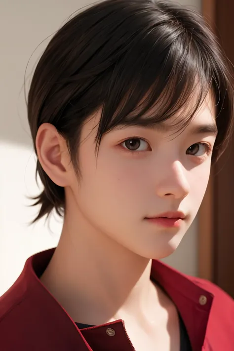 a close up of a person wearing a red shirt and a red shirt