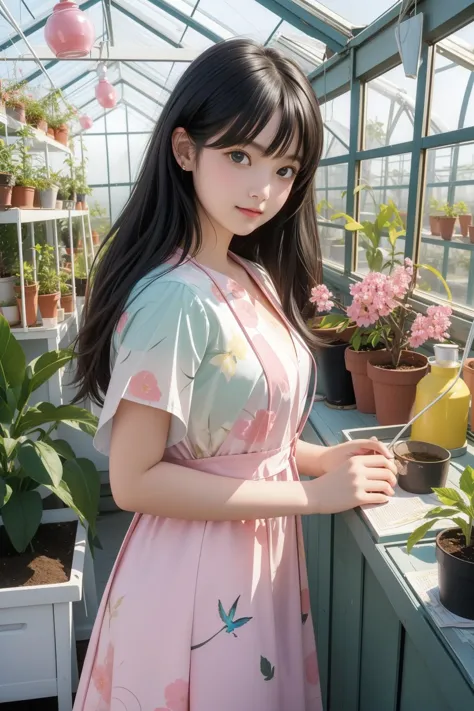 a woman standing in a greenhouse with a plant in her hand