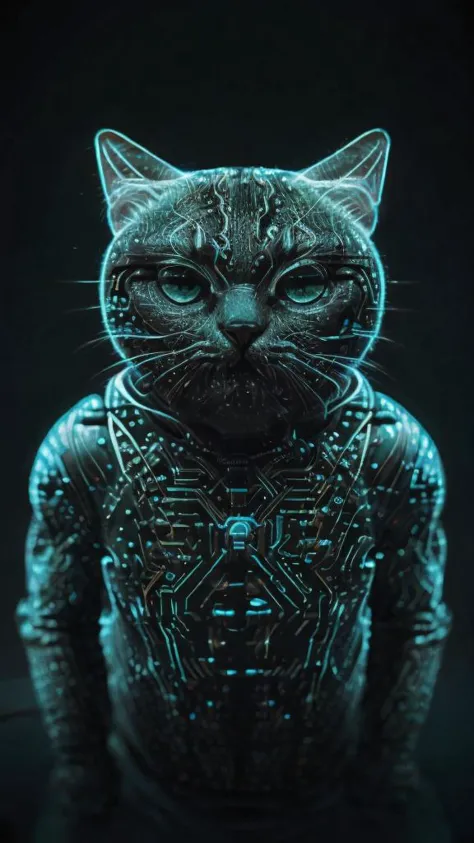 a cat with a glowing bodysuit on sitting in the dark