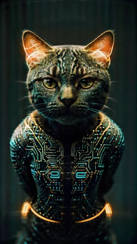 a close up of a cat wearing a futuristic outfit