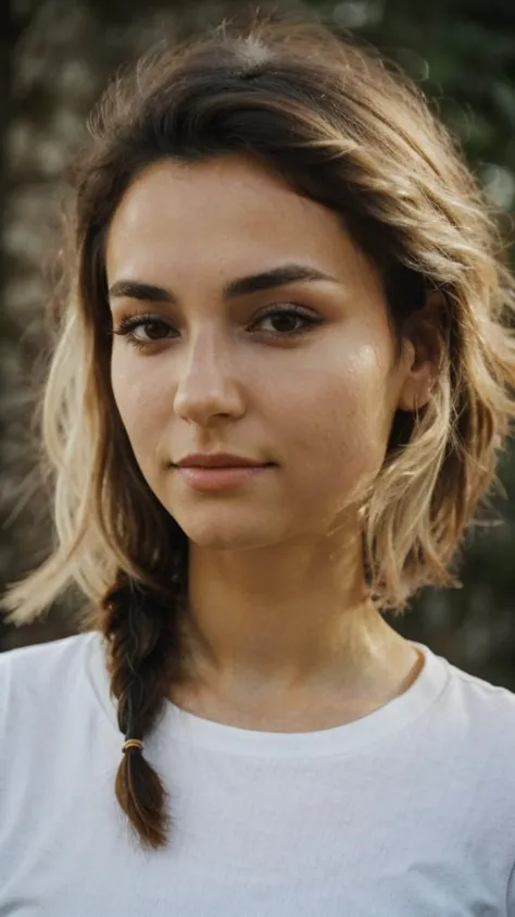 a close up of a woman with a braid in her hair