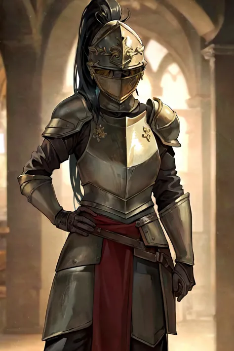 (masterpiece, best quality, high quality, highres:1.4), detailed, extremely detailed, ambient soft lighting, 4K, 1girl, (mature female, milf:1.2), (long hair, black hair, long ponytail:1.3), (helmet, armor:1.2), (hand on hip:1.1), dark fantasy <lora:milfWeightEdit_v1:0.5> <lora:jujunaughtStyleLora_v10:0.3> <lora:envybetterhandsLocon_beta2:1>  <lora:heavyPlateKnight_v10:0.5>