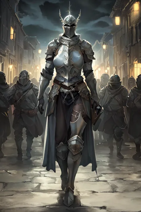 a woman in armor walking down a street with other people