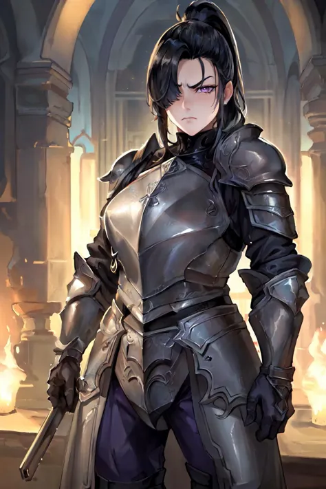 (masterpiece, best quality, high quality, highres:1.4), detailed, extremely detailed, ambient soft lighting, 4K, 1girl, (mature female, milf:1.2), (long hair, black hair, hair over one eye, long ponytail:1.3), (purple eyes, frowning:1.2), (armor:1.2), (holding an helmet under her arm, hand on hip:1.1), dark fantasy <lora:milfWeightEdit_v1:0.5> <lora:jujunaughtStyleLora_v10:0.3> <lora:envybetterhandsLocon_beta2:1>  <lora:heavyPlateKnight_v10:0.5>