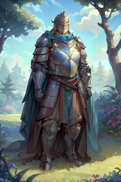 a man in armor standing in a field with trees and flowers