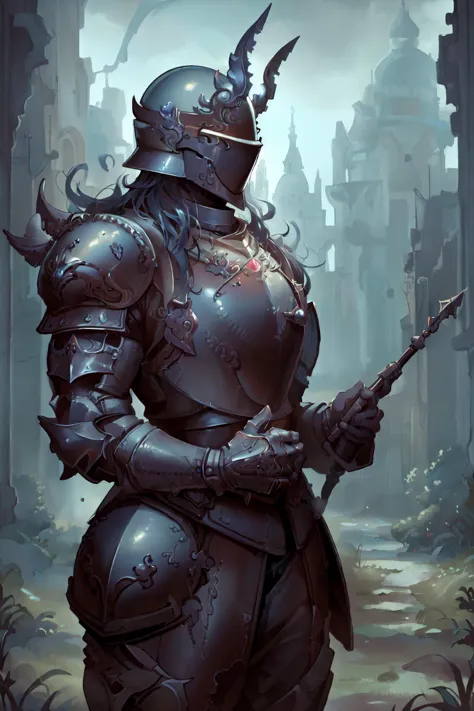 a woman in armor holding a sword in a dark alley