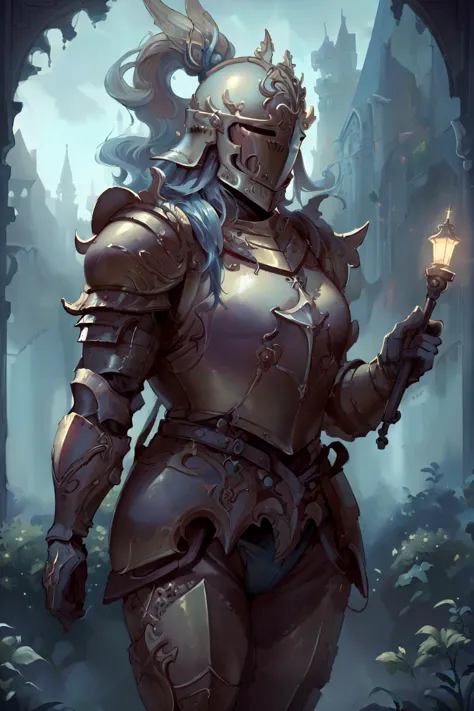 a woman in armor holding a torch in a forest