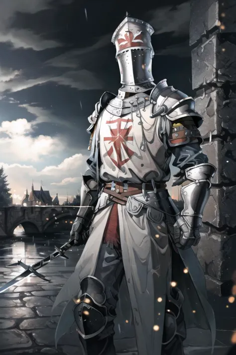 a close up of a knight in armor standing on a street