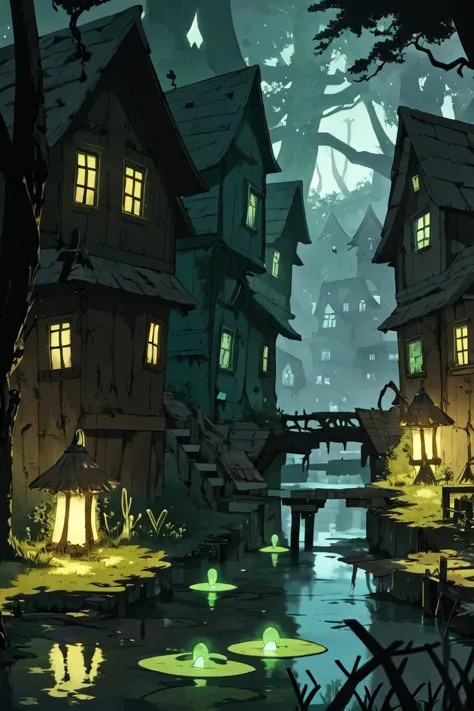 girl,soloo,Deep within a swampy marsh town, wooden walkways connected the ramshackle houses, and eerie, bioluminescent fungi cas...