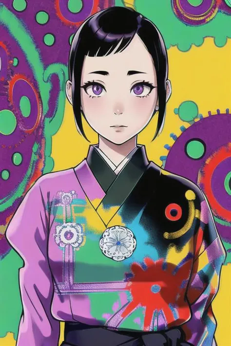 a woman in a kimono outfit standing in front of a colorful background