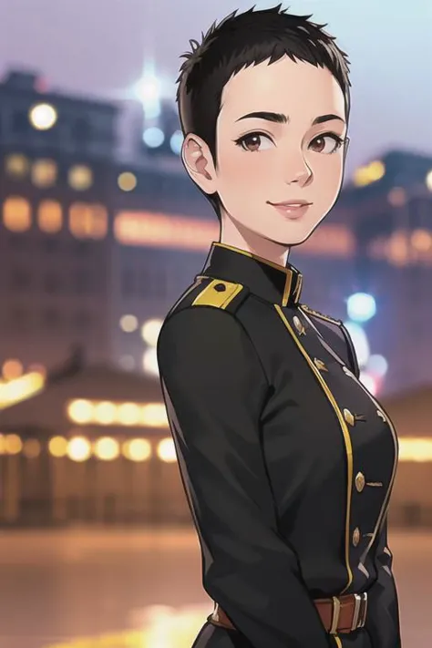 a close up of a person in uniform standing in front of a city