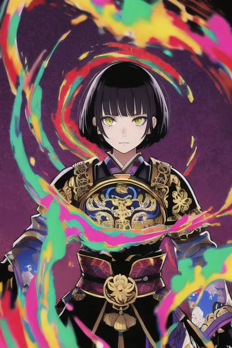 a woman in a black outfit holding a sword and a colorful swirl