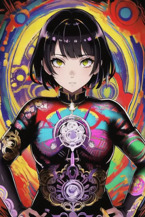 a woman with a colorful body and a large clock on her chest