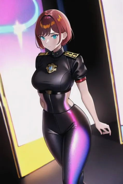 1girl, solo, masterpiece, best quality, red police uniform, black leggings, copper short hair, glow iridescent eyes, she is standing near next to a iridescent divine door gate, concrete wall in Dark alley with neon lights