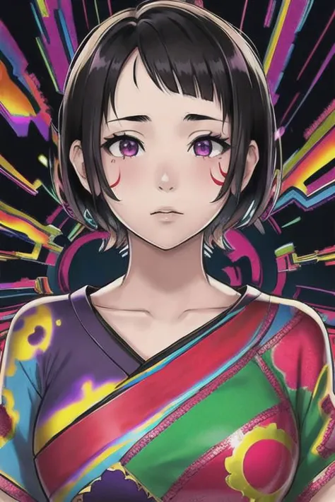 a woman in a colorful shirt with a colorful background