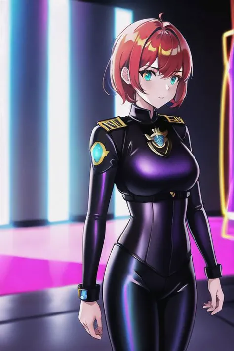 1girl, solo, masterpiece, best quality, red police uniform, black leggings, copper short hair, glow iridescent eyes, she is standing near next to a iridescent divine door gate, concrete wall in Dark alley with neon lights